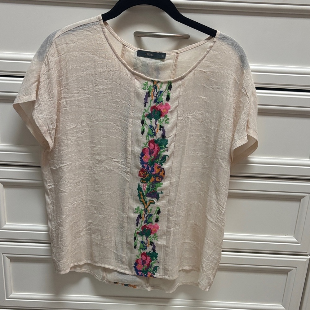 THML Blush-Cream Short Sleeve Top with Multicolor Floral Embroidery